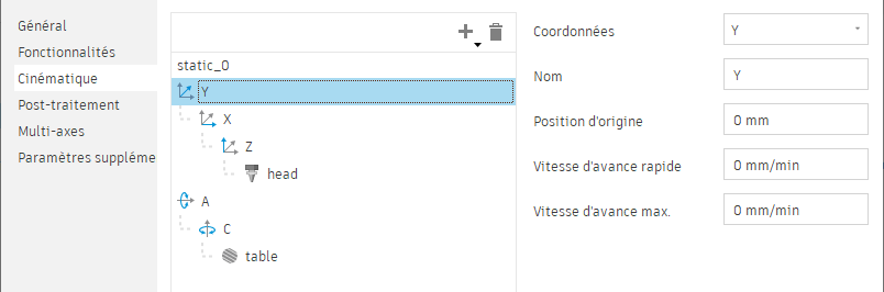 Onglet Cinématique : paramètres d’axe et de position d’origine