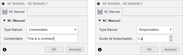 Boîte de dialogue NC manuel - Commentaire et temporisation