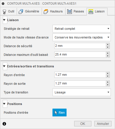 boîte de dialogue Contour multi-axes - onglet Liaison