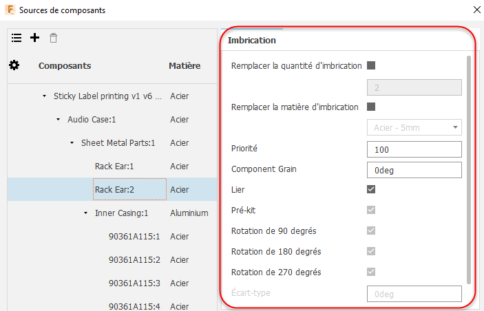 boîte de dialogue Sources de composants