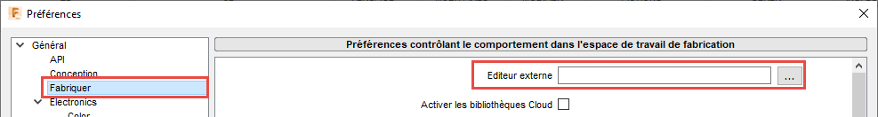 Boîte de dialogue Préférences - Fabriquer - Modifier un éditeur externe