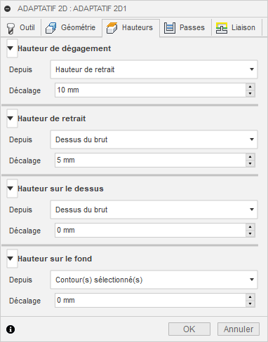 onglet Hauteurs de la boîte de dialogue Évidement adaptatif 2D