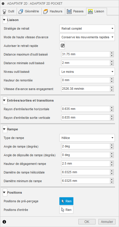 onglet Liaison de la boîte de dialogue Évidement adaptatif 2D