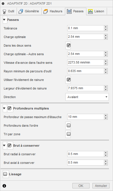 onglet Passes de la boîte de dialogue Évidement adaptatif 2D
