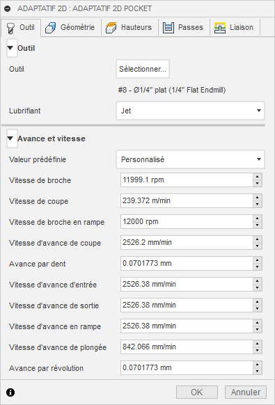 onglet Outil de la boîte de dialogue Évidement adaptatif 2D