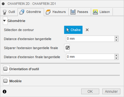 Onglet Géométrie de la boîte de dialogue Chanfrein 2D