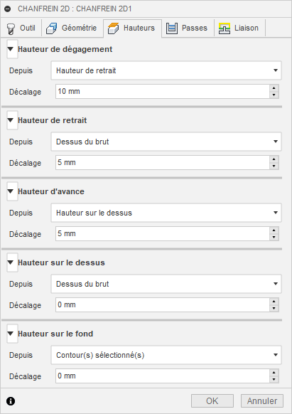 Onglet Hauteurs de la boîte de dialogue Chanfrein 2D