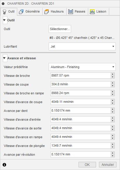 Onglet Outil de la boîte de dialogue Chanfrein 2D