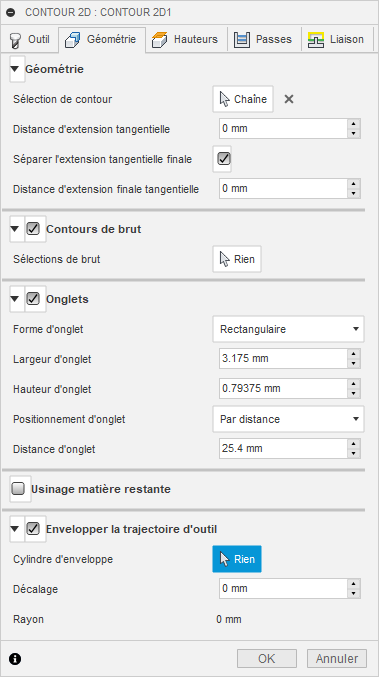 Onglet Géométrie de la boîte de dialogue Contour 2D