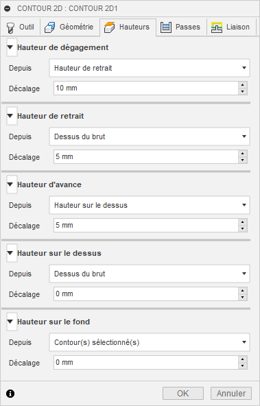 Onglet Hauteurs de la boîte de dialogue Contour 2D
