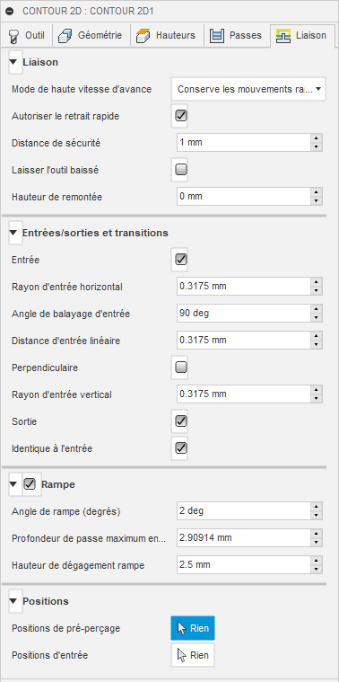 Onglet Liaison de la boîte de dialogue Contour 2D