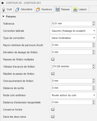 onglet Passes de la boîte de dialogue Contour 2D (1)