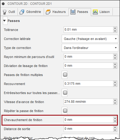 onglet Passes de la boîte de dialogue Contour 2D - recouvrement de finition