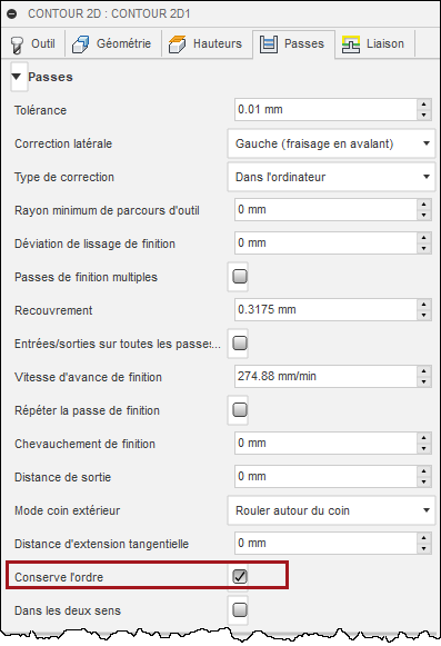 onglet Passes de la boîte de dialogue Contour 2D - Conserver l’ordre