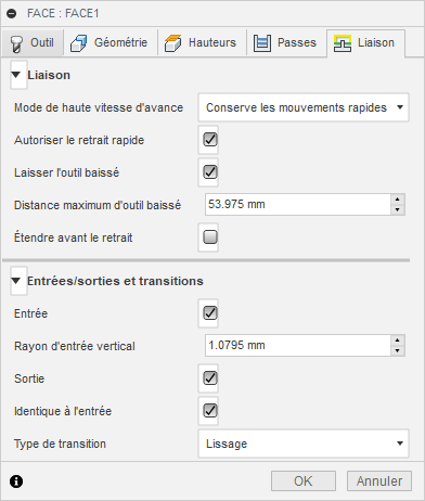 Onglet Liaison de la boîte de dialogue Face 2D
