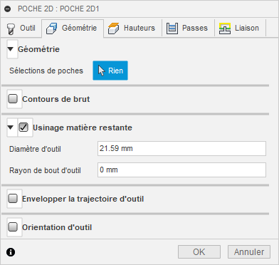 Onglet Géométrie de la boîte de dialogue Poche 2D – Usinage matière restante