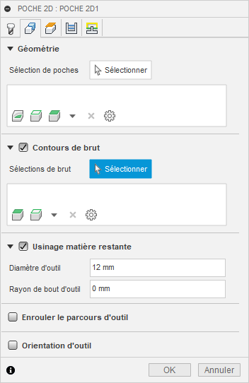 Onglet Géométrie de la boîte de dialogue Poche 2D