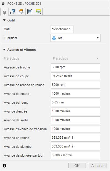 Onglet Outil de la boîte de dialogue Poche 2D