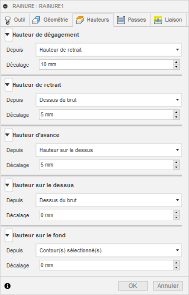 Onglet Hauteurs de la boîte de dialogue Rainure 2D