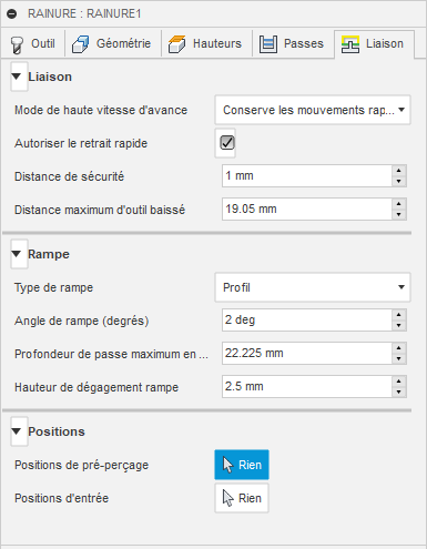 Onglet Liaison de la boîte de dialogue Rainure 2D