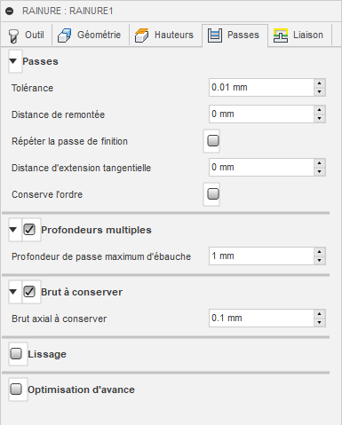 Onglet Passes de la boîte de dialogue Rainure 2D
