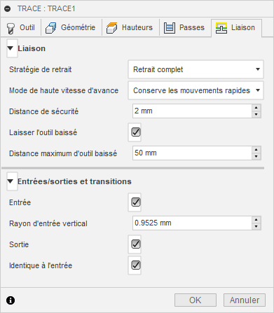 Onglet Liaison de la boîte de dialogue Trace 2D