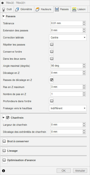 Onglet Passes de la boîte de dialogue Trace 2D