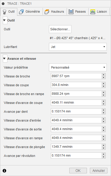 Onglet Outil de la boîte de dialogue Trace 2D