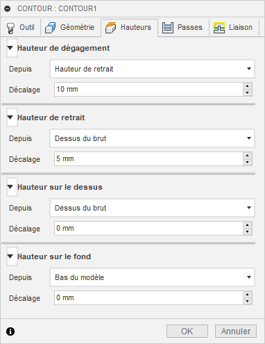 Onglet Hauteurs de la boîte de dialogue Contour 3D