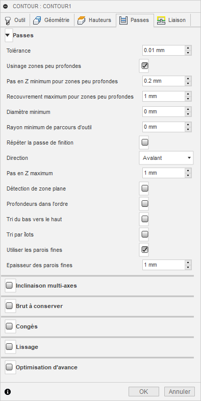 Onglet Passes de la boîte de dialogue Contour 3D
