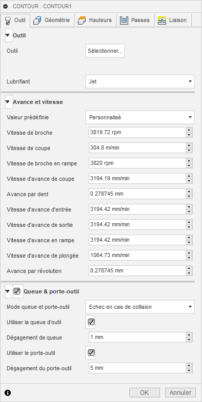Onglet Outil de la boîte de dialogue Contour 3D