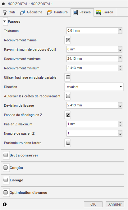 Onglet Passes de la boîte de dialogue d’ébauche horizontale 3D
