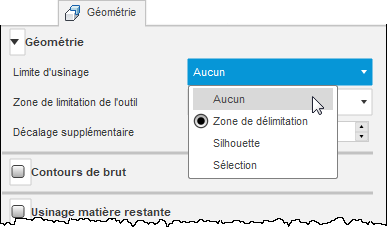 Section de la boîte de dialogue Limite d’usinage