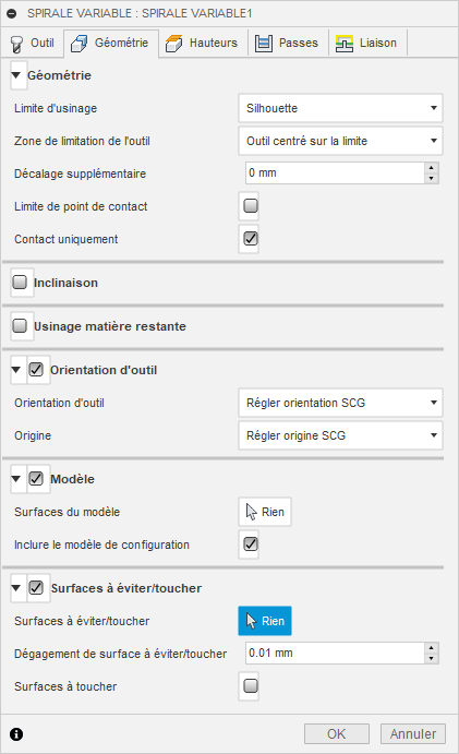Onglet Géométrie de la boîte de dialogue Spirale variable 3D