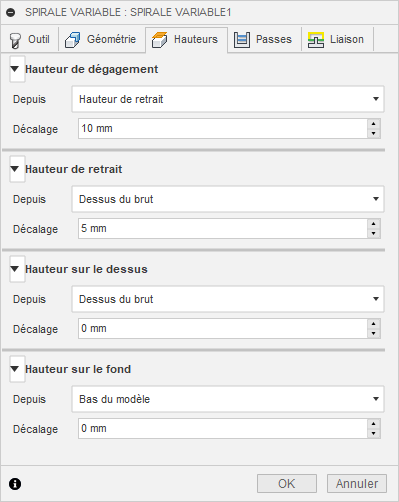 Onglet Hauteurs de la boîte de dialogue Spirale variable 3D