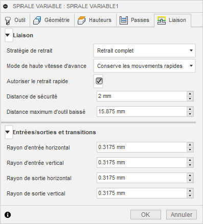 Onglet Liaison de la boîte de dialogue Spirale variable 3D