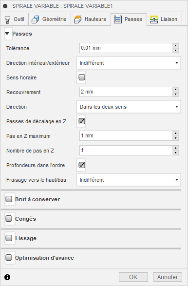 Onglet Passes de la boîte de dialogue Spirale variable 3D