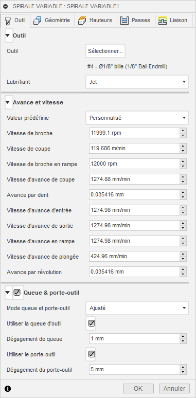 Onglet Outil de la boîte de dialogue Spirale variable 3D