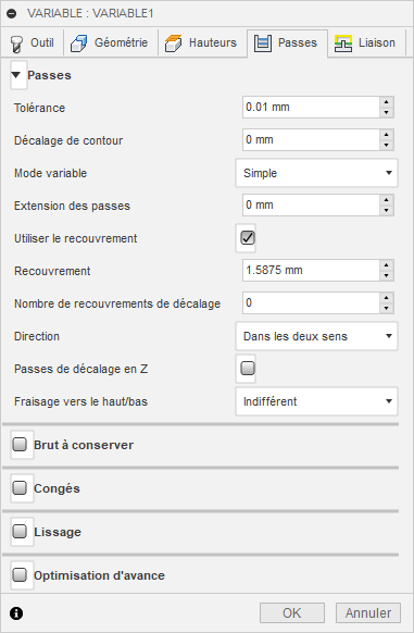 Onglet Passes de la boîte de dialogue Variable 3D