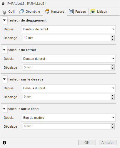Onglet Hauteurs de la boîte de dialogue de finition parallèle 3D