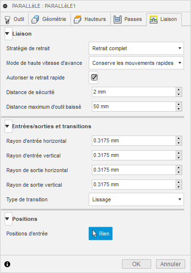 Onglet Liaison de la boîte de dialogue de finition parallèle 3D