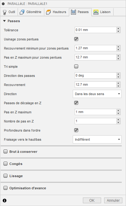 Onglet Passes de la boîte de dialogue de finition parallèle 3D