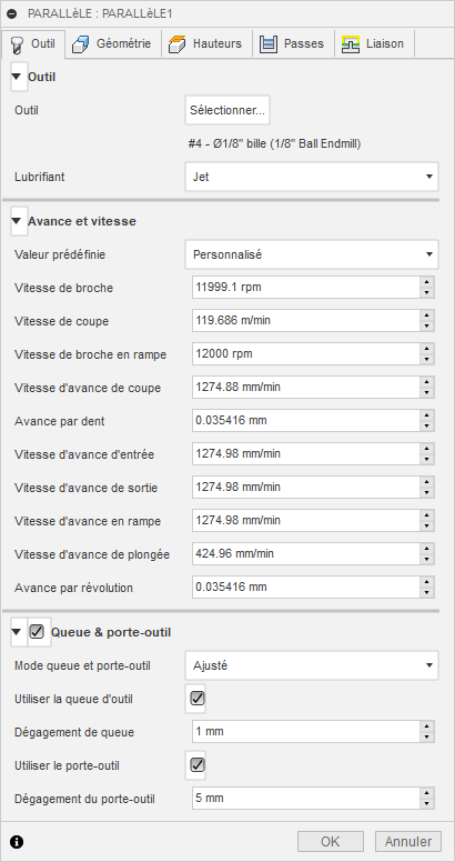 Onglet Outil de la boîte de dialogue de finition parallèle 3D