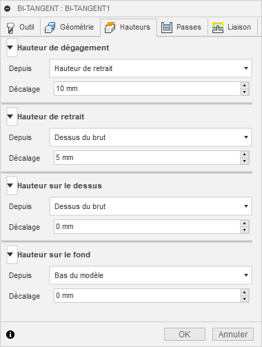 Onglet Hauteurs de la boîte de dialogue Bi-tangent 3D