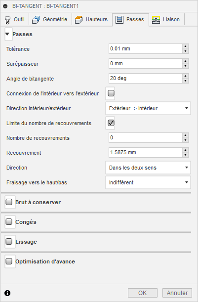 Onglet Passes de la boîte de dialogue Bi-tangent 3D