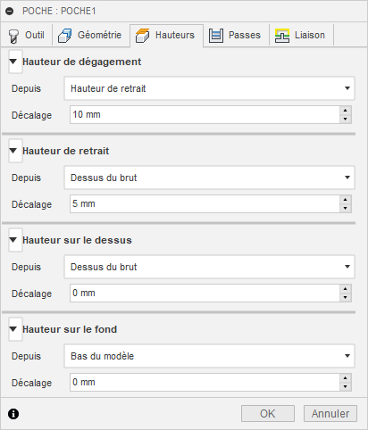 Onglet Hauteurs de la boîte de dialogue Ébauche de poche 3D