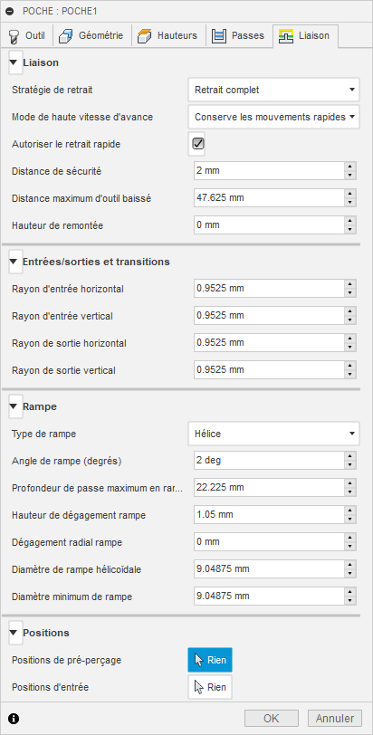 Onglet Liaison de la boîte de dialogue Ébauche de poche 3D