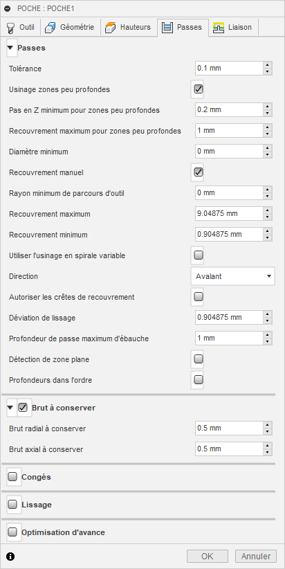 Onglet Passes de la boîte de dialogue Ébauche de poche 3D