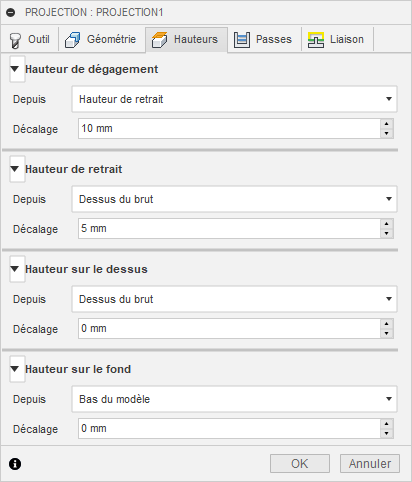 Onglet Hauteurs de la boîte de dialogue Projection 3D
