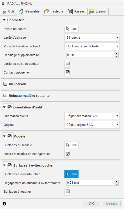 Onglet Géométrie de la boîte de dialogue Finition radiale 3D
